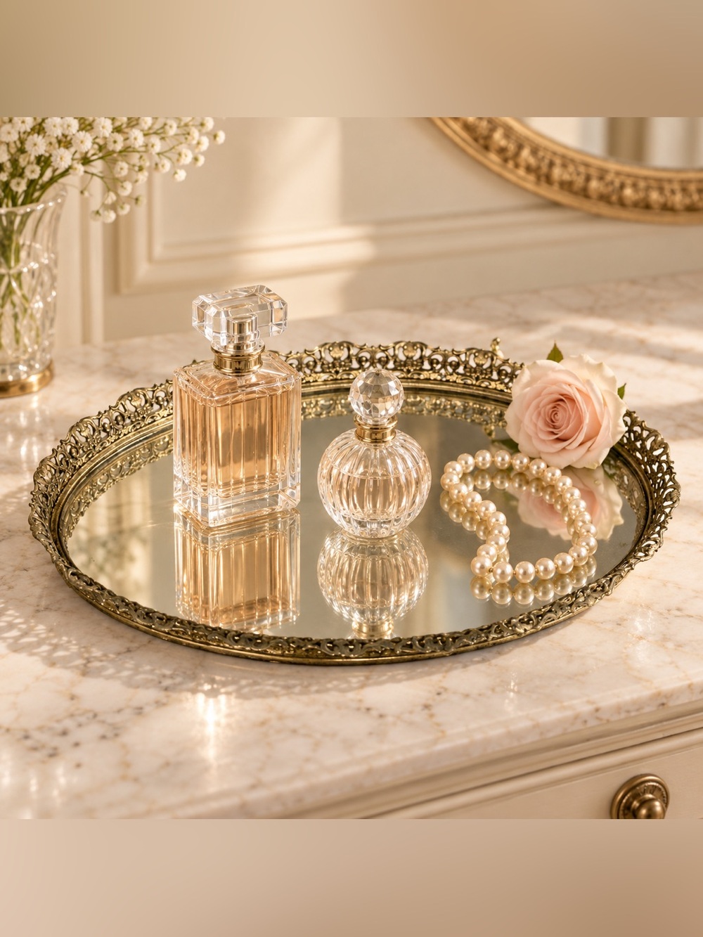 Ornate Gold Filigree Mirrored Vanity Perfume Tray 13.5” Vintage